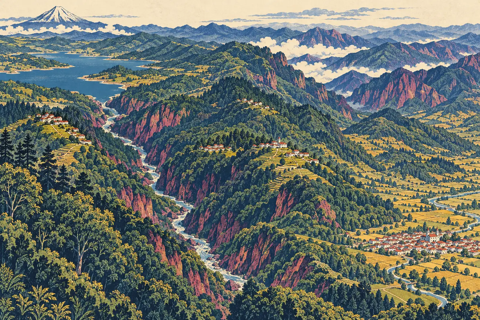 Mapa ilustrado de la Sierra Mazateca: laderas de bosque de niebla, un río en un cañón, pueblos en las crestas, una presa al norte y el valle de Oaxaca al sureste.